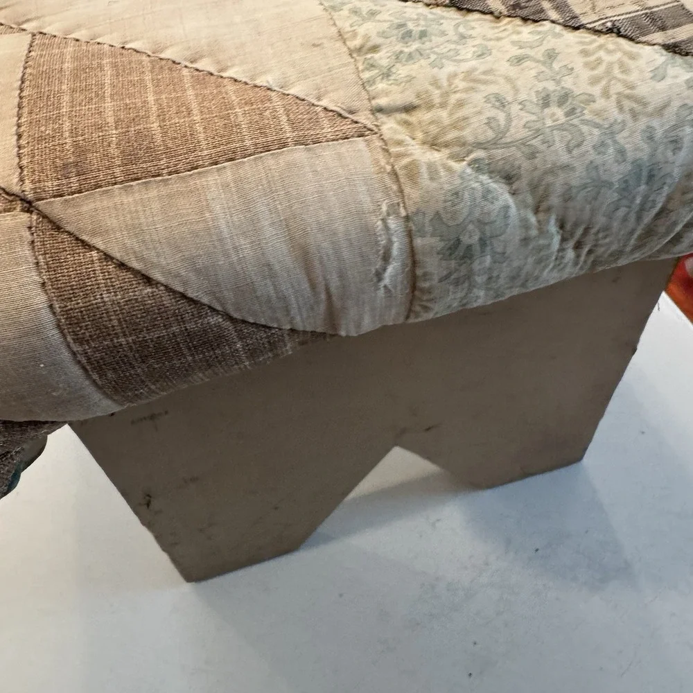 Vintage Handmade Blue Quilt‎ Covered Wooden Foot Stool 12